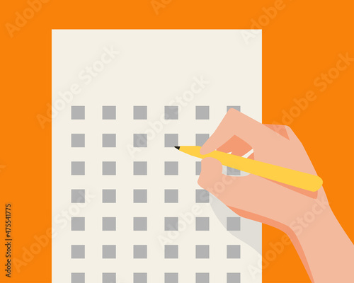 Answers sheet with yellow sharp pencil in hand. Top view of them. Take the exam timely concept.