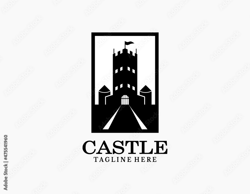 Authentic castle logo in the square or rectangle frame. Elegant minimal design of palace or fortress with black and white. Suitable for museums, stamps, postcards. Authentic castle logo in the square or rectangle frame. Elegant minimal design of palace or fortress with black and white. Suitable for museums, stamps, postcards.
