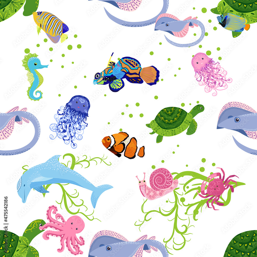Naklejka premium Marine life, fish, animals bright seamless pattern. sea travel, underwater diving animal tropical fish. Jellyfish, whale, shark, seahorse, clown fish, dolphin, turtle, emperor