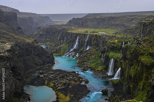 waterfalls at a blue glacial river in the southern highlands of iceland