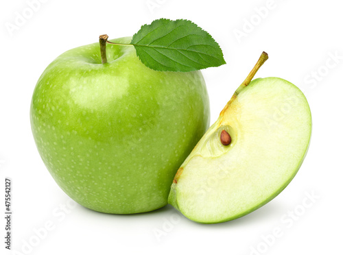 Fresh green apples with green leaf and sliced isolated on white background.