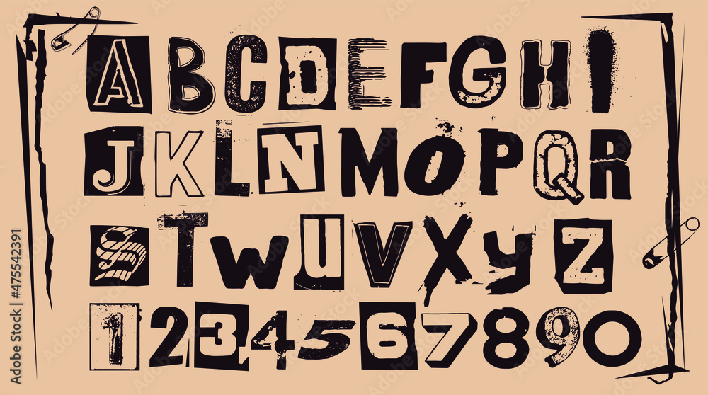 Punk typography vector alphabet and numbers. Type specimen set for