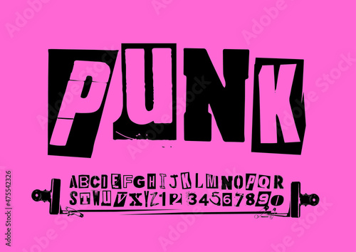 Punk typography vector alphabet and numbers. Type specimen set for grunge font flyers and posters or ransom note style designs.