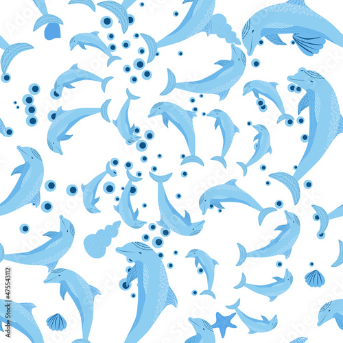 Dolphin, sea inhabitants seamless pattern, beautiful character among seashells, algae, starfish, marine wildlife