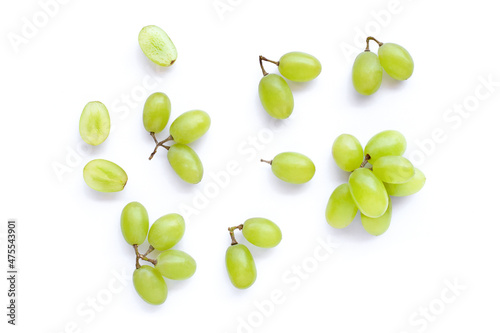 Green grapes isolated on white background. Top view. Flat lay.  photo