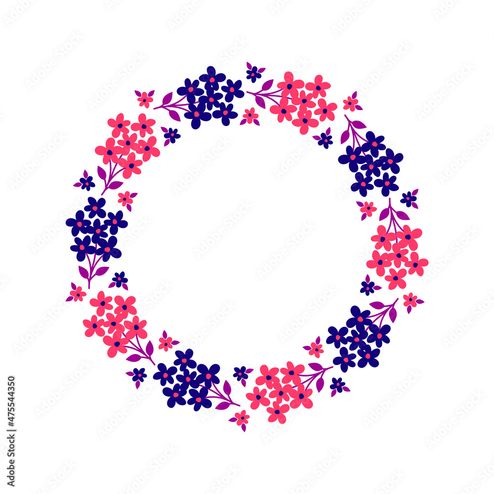 Hand-drawn wreath with white background. Wreath with purple and pink color. Cute and childish design for fabric, textile, wallpaper, bedding, swaddles or gender-neutral apparel.