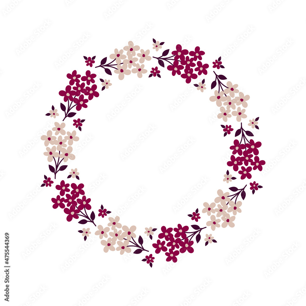 Hand-drawn wreath with white background. Wreath with pink and dark purple. Cute and childish design for fabric, textile, wallpaper, bedding, swaddles or gender-neutral apparel.