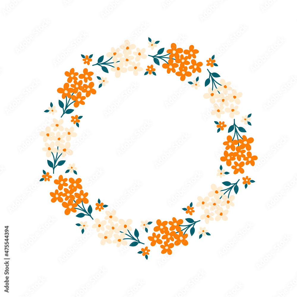 Hand-drawn wreath with white background. Wreath with orange and beige flowers. Cute and childish design for fabric, textile, wallpaper, bedding, swaddles or gender-neutral apparel.
