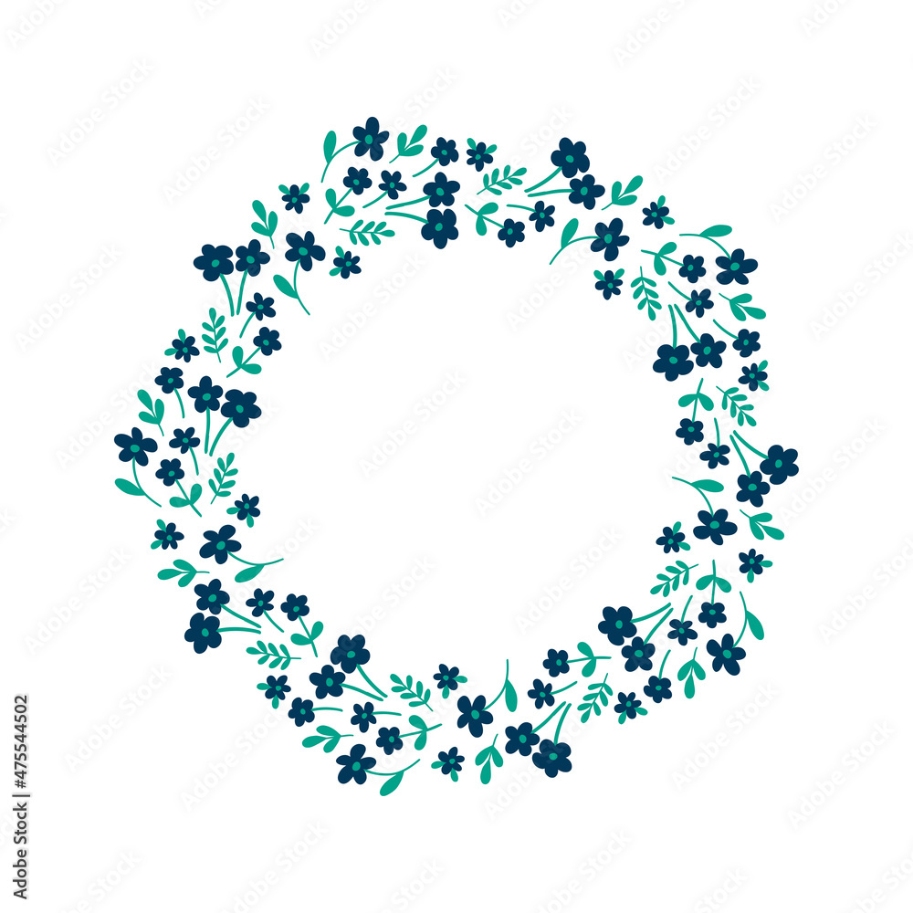 Hand-drawn wreath with white background. Wreath with turquoise and dark blue. Cute and childish design for fabric, textile, wallpaper, bedding, swaddles or gender-neutral apparel.