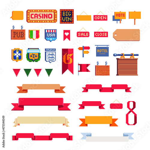 Ribbons Banners and signboard pixel art icons set, casino, pub, emblem football team isolated vector illustration. Big Win sign. Pennant, label and speech bubble. 8-bit. Design for stickers, logo, app