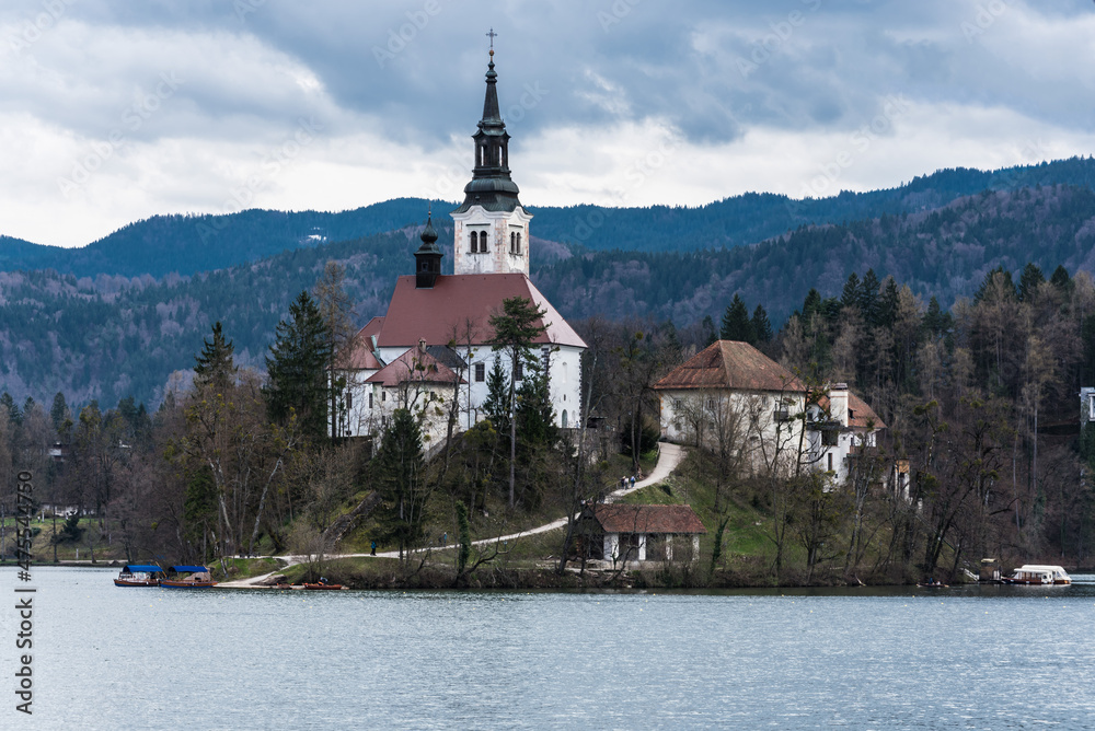 Bled, Slovenia, 04 11 2018: View over Bled lake, the castle and mountains