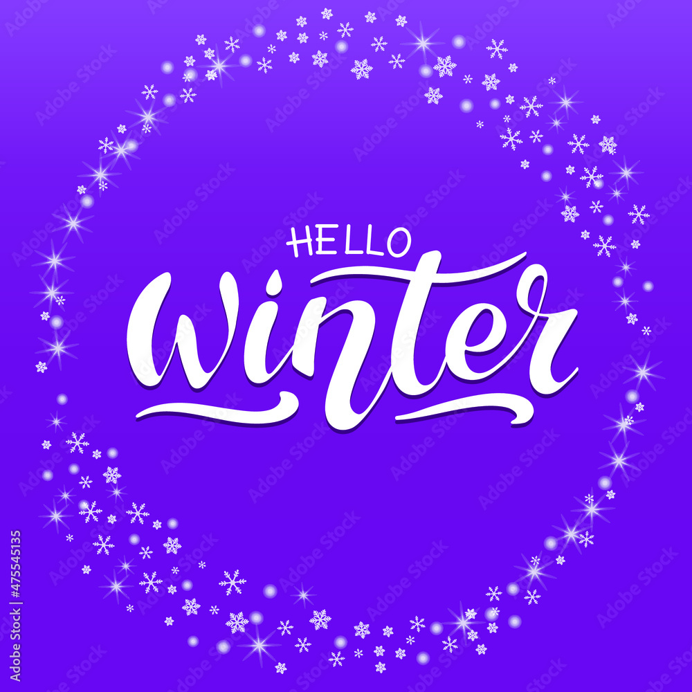 Hello, Winter vector hand lettering. White letters, white Christmas pattern in a circle on the purple lavender background. Vector illustration style calligraphy. Typography winter holidays. Christmas. Hello, Winter vector hand lettering. White letters, white Christmas pattern in a circle on the purple lavender background. Vector illustration style calligraphy. Typography winter holidays. Christmas.