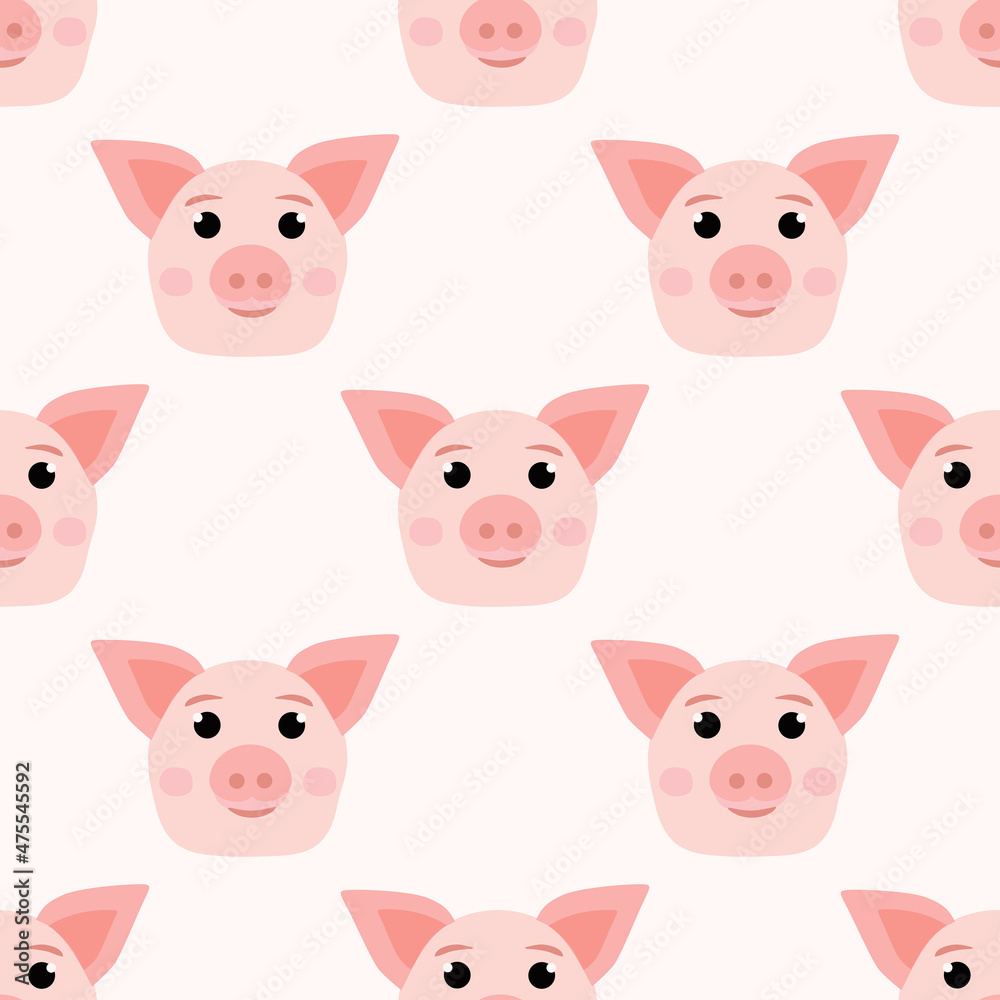 Simple cartoon funny pig face repeat seamless pattern on white background.
