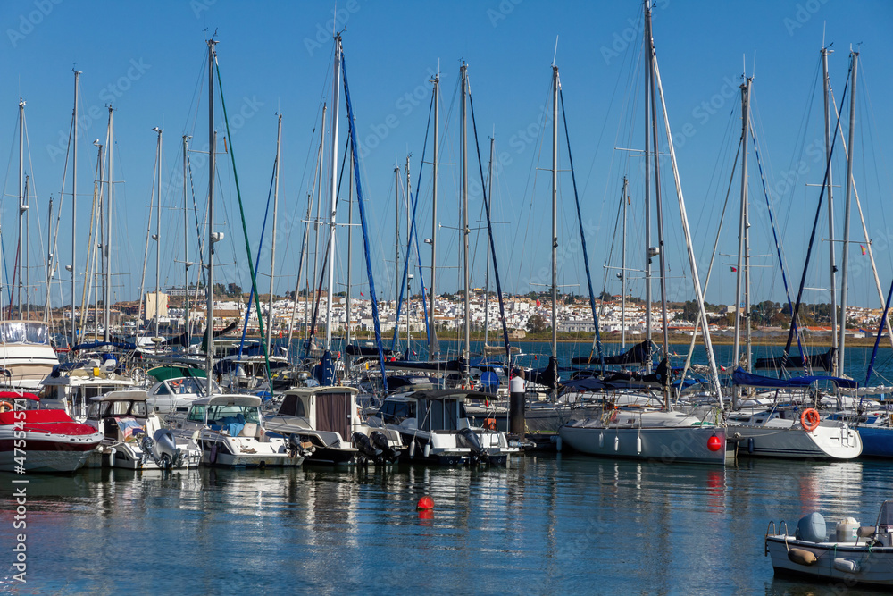 View of Ayamonte (Spain) from the port with boats of Vila Real de Santo Antonio (Portugal)