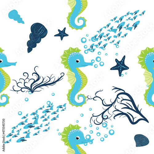 Seahorse, sea inhabitants seamless pattern, beautiful character among seashells, seaweed, starfish, marine