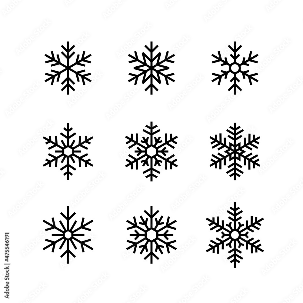 Collection of snowflakes icons. New Year and Christmas attribute. Weather element snowflake. The symbol of cold, snow, winter and frost. Isolated abstract raster illustration.
