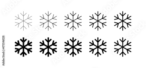 Set of snowflakes, linear icons of different thickness. New Year and Christmas attribute. Weather element. The symbol of cold, snow, winter and frost. Isolated abstract raster illustration. 