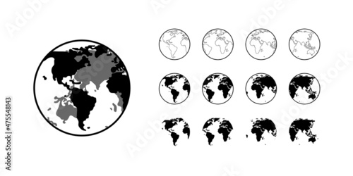 Globe Earth doodle vector icon set. Globus world planet map black flat hand drawn in different types.
