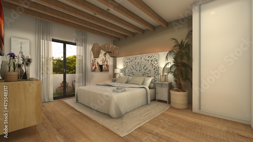 Obraz na plátně dormitorio con cama doble y estilo moderno con gran armario vestidor