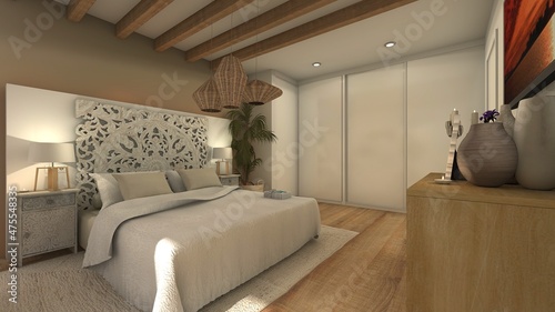 Fotografie, Obraz dormitorio con cama doble y estilo moderno con gran armario vestidor