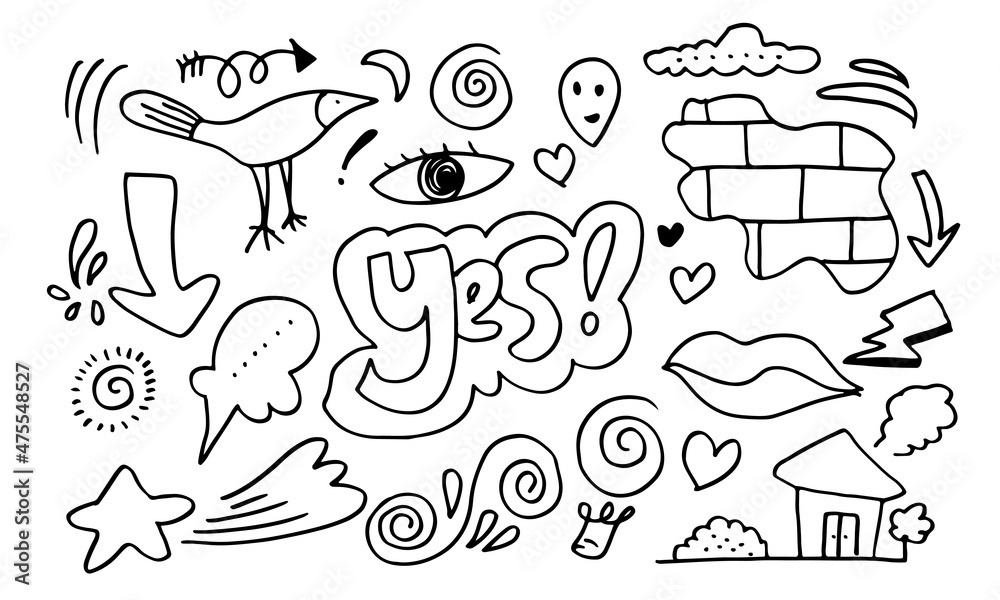 Fototapeta premium Hand drawn set elements, black on white background. Wall,Arrow, heart, love, star, leaf, eye , light, flower, crown,home ,mouth ,speech bubble for concept design.
