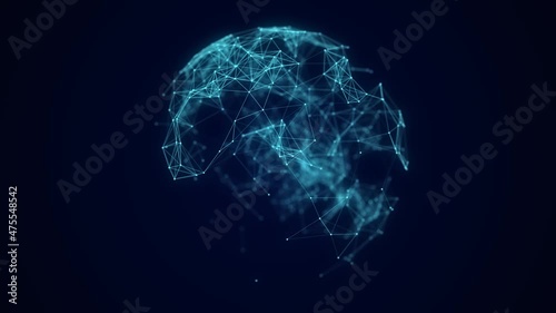 Abstract blue sphere with connecting dots. Wireframe technology sphere. Big data visualization. 3d rendering.