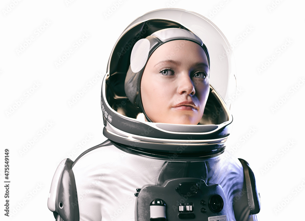 Young female astronaut with glass helmet isolated- 3d rendering Young female astronaut with glass helmet isolated- 3d rendering