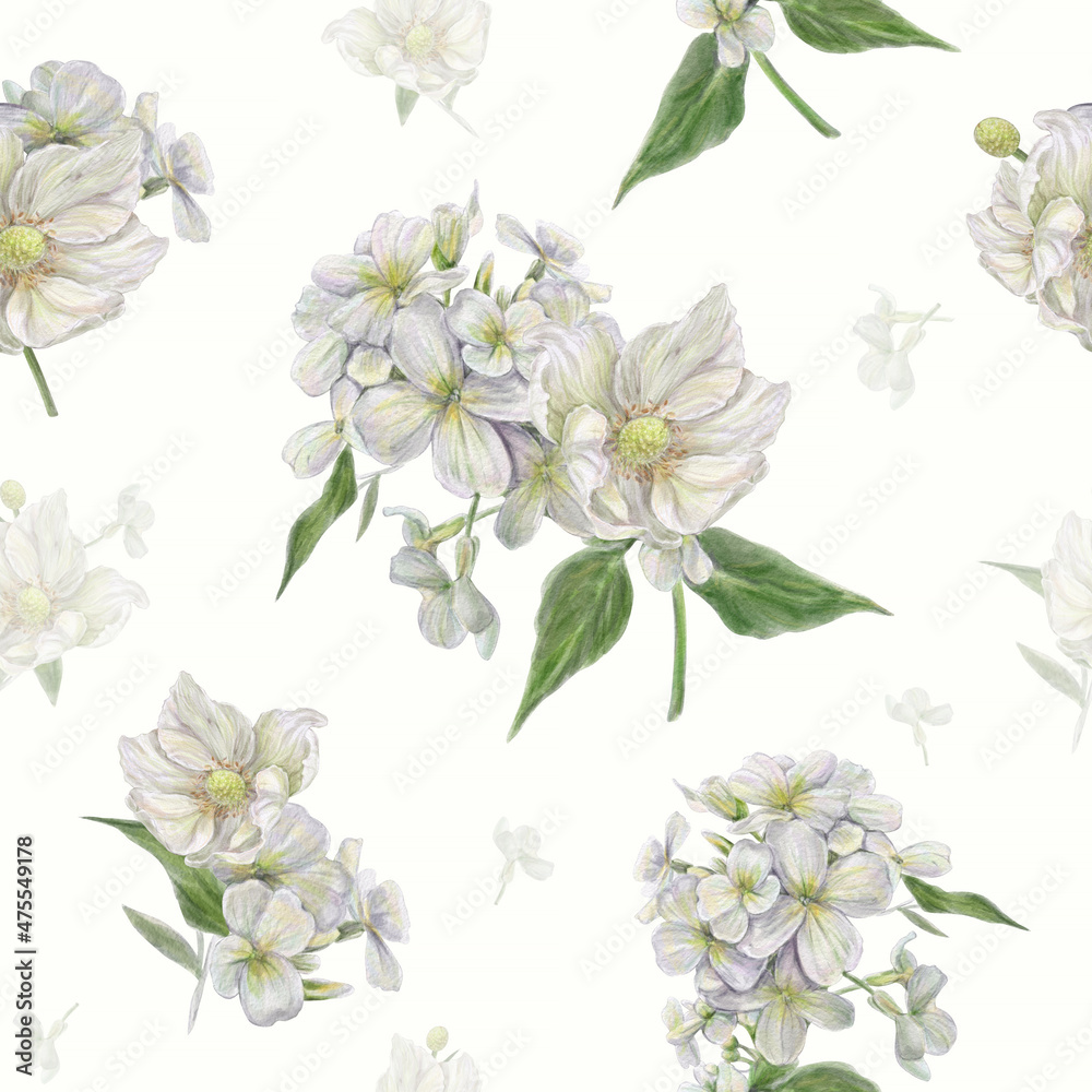 Fototapeta Vintage watercolor seamless pattern with beautiful white bouquets of flowers. Light background. For print: wedding cards, birthday cards, wallpaper design.