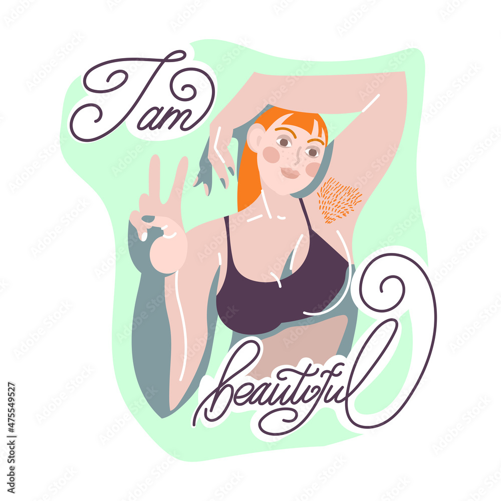 Girl with an unshaven armpit. Calligraphy I am beautiful. Illustration of a woman with red hair. Girl with an unshaven armpit. Calligraphy I am beautiful. Illustration of a woman with red hair.