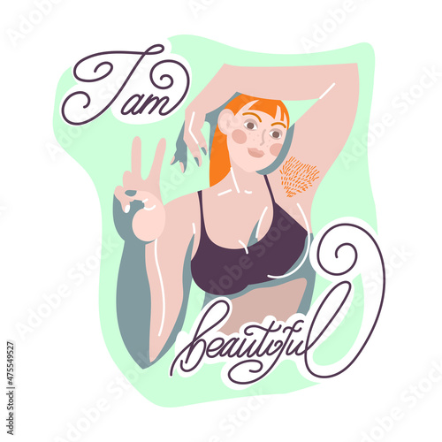 Girl with an unshaven armpit. Calligraphy I am beautiful. Illustration of a woman with red hair.