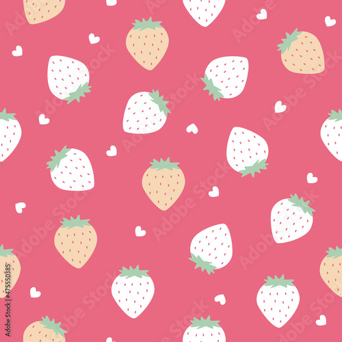 strawberry white flower cartoons pattern design. pink background. The seamless cute pattern in a girl or baby fashion, Fresh and juicy colorful strawberry fruit in summer. Vector design for fashion.