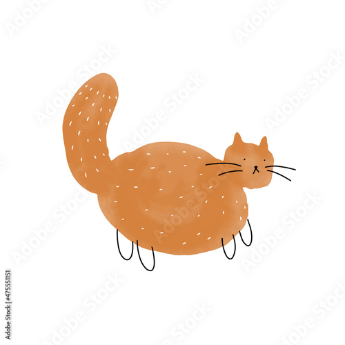 Hand drawn funny ginger watercolor texture cat, with minimalistic ink stroke whiskers and paws, isolated vector illustration