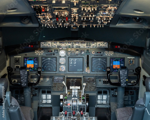 General view of the empty cockpit cockpit. Commercial flight simulator for flight training.