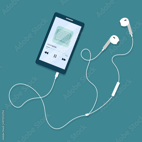 Audiobook player on mobile phone screen. Smartphone application for reading e-book. Idea of online education and knowledge. Vector illustration in flat cartoon style.