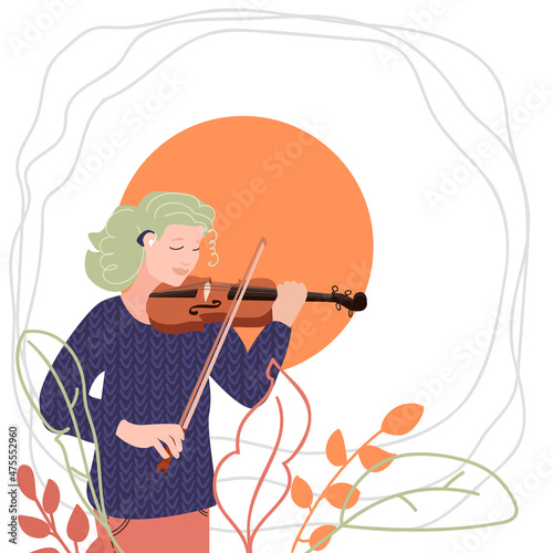 Young woman with hearing aids playing violin. 
