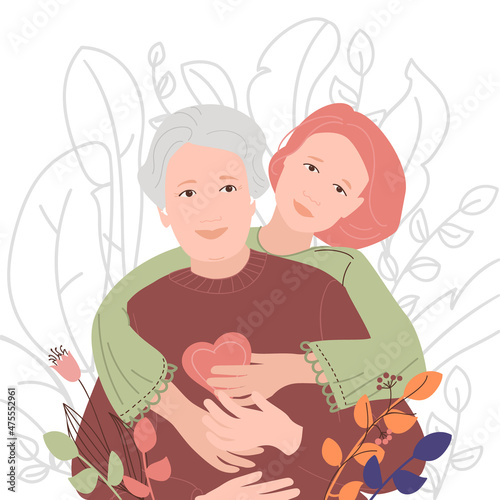 An adult daughter hugs her mother or grandmother, an older woman with hearing aids. Illustration showing the care and support of young people for older people, caring for people with hearing impairmen
