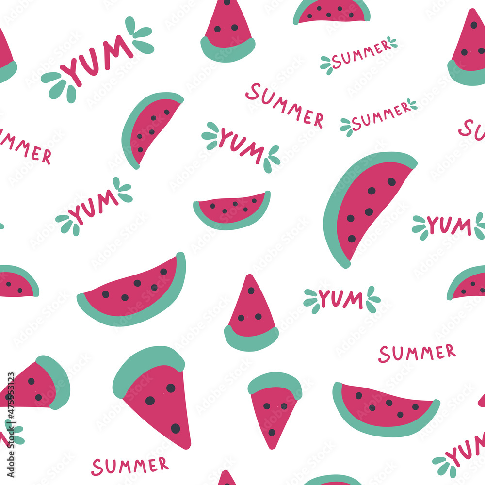 Watermelon slices seamless pattern, summer pattern with yum-yum lettering Watermelon slices seamless pattern, summer pattern with yum-yum lettering