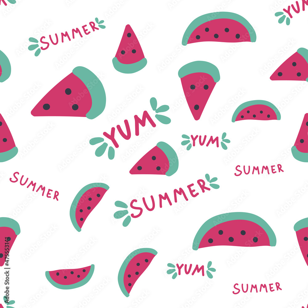 Watermelon slices seamless pattern, summer pattern with yum-yum lettering Watermelon slices seamless pattern, summer pattern with yum-yum lettering