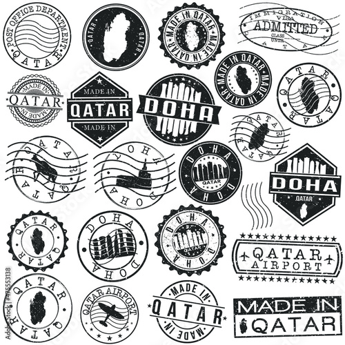 Doha  Qatar Set of Stamps. Travel Stamp. Made In Product. Design Seals Old Style Insignia.