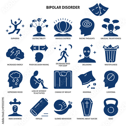 Bipolar disorder icon set in flat style