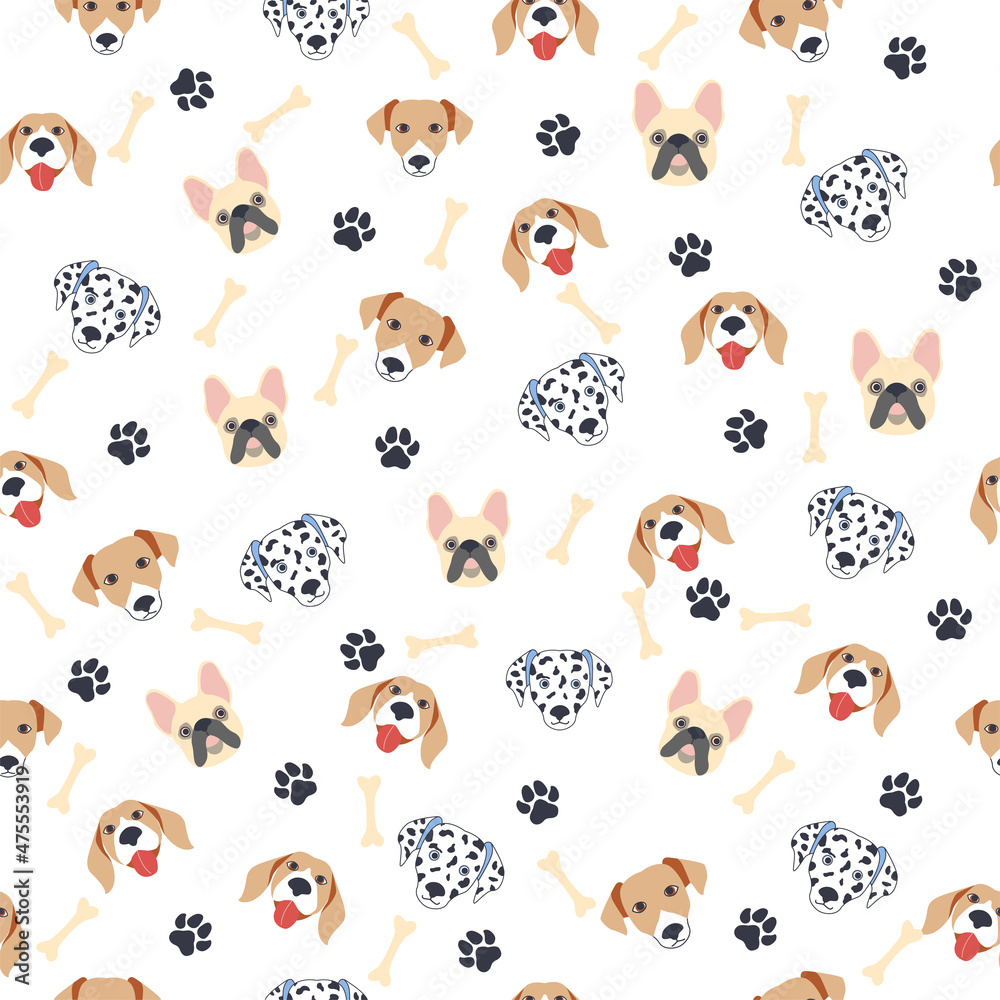 Obraz premium Seamless patterns with cute cartoon dogs muzzles. Dalmatian, Terrier, Bulldog