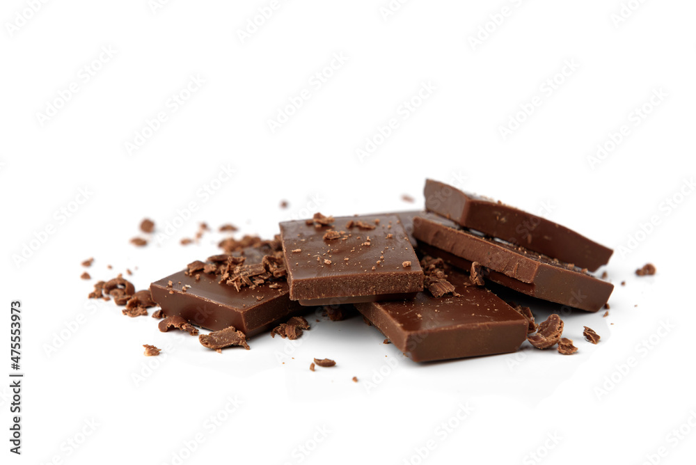 Chopped chocolate isolated on white background.