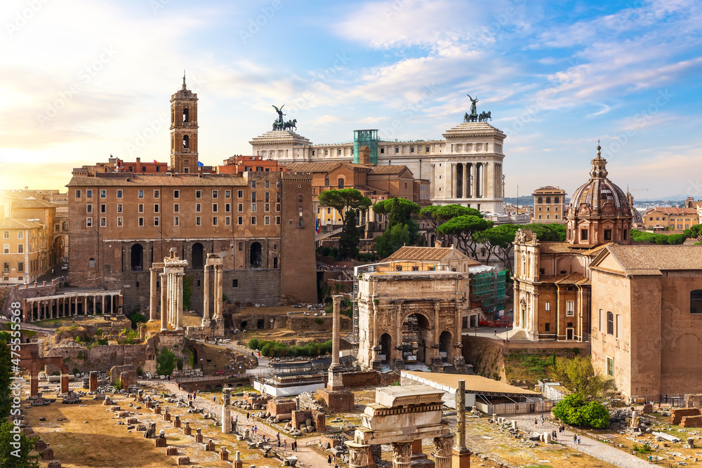 Roman forum, view of the temples, ancient houses and other famous ancient ruins, Rome, Italy