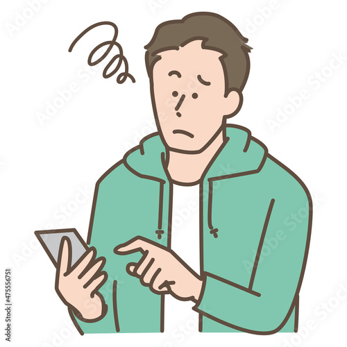 スマホを使う悩む男性　シンプルイラスト
