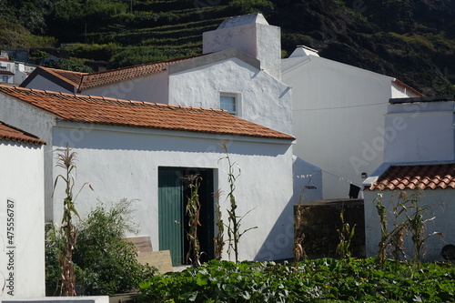 Typical white stones houses in Vila do Corvo, Corvo, Azores, Portugal