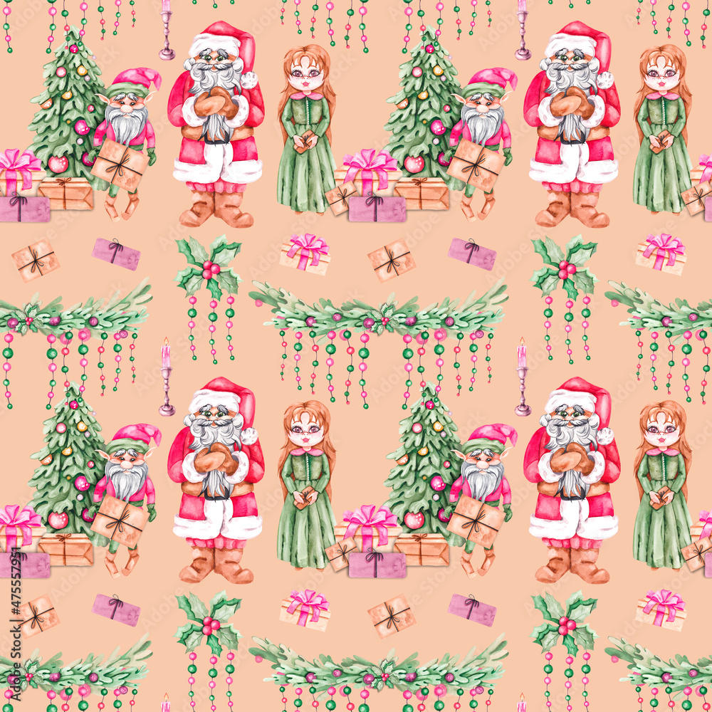 Fototapeta premium Watercolor pattern with Christmas and New Year elements 2