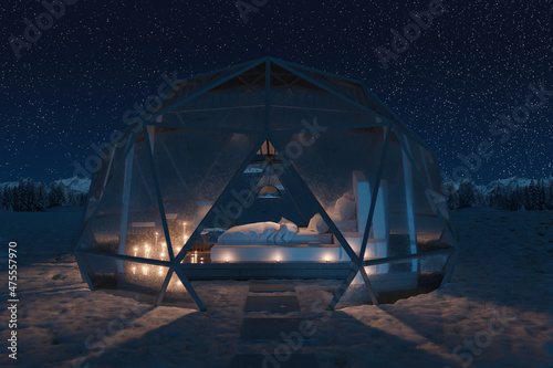 Tablou canvas 3d rendering of geodesic dome hut with glass panels in the starry night