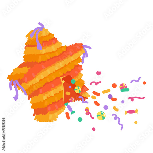 Bright Mexican piñata in the form of a star with flying sweets and serpentine.Cartoon vector graphics.