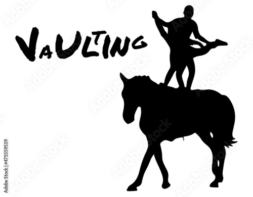 Black and white vector flat illustration: elegant vaulting horse and rider silhouette