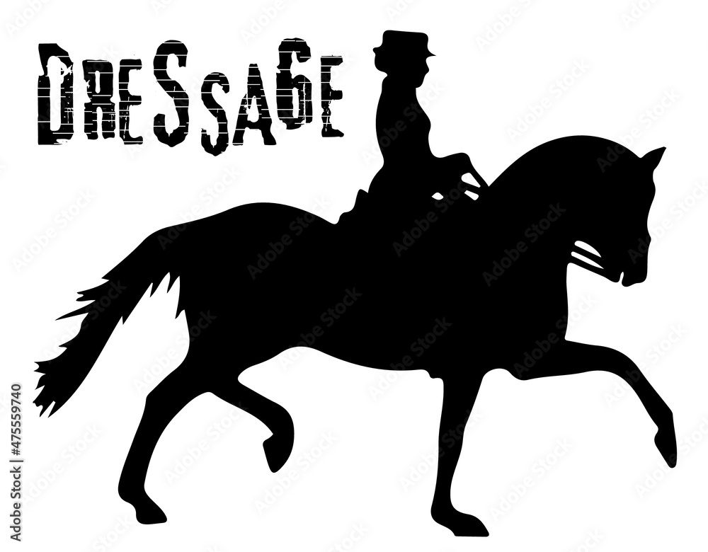 Black and white vector flat illustration: elegant dressage horse and rider silhouette
